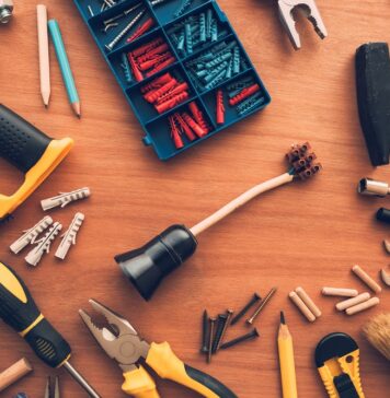 DIY housework tools top view on workshop desk